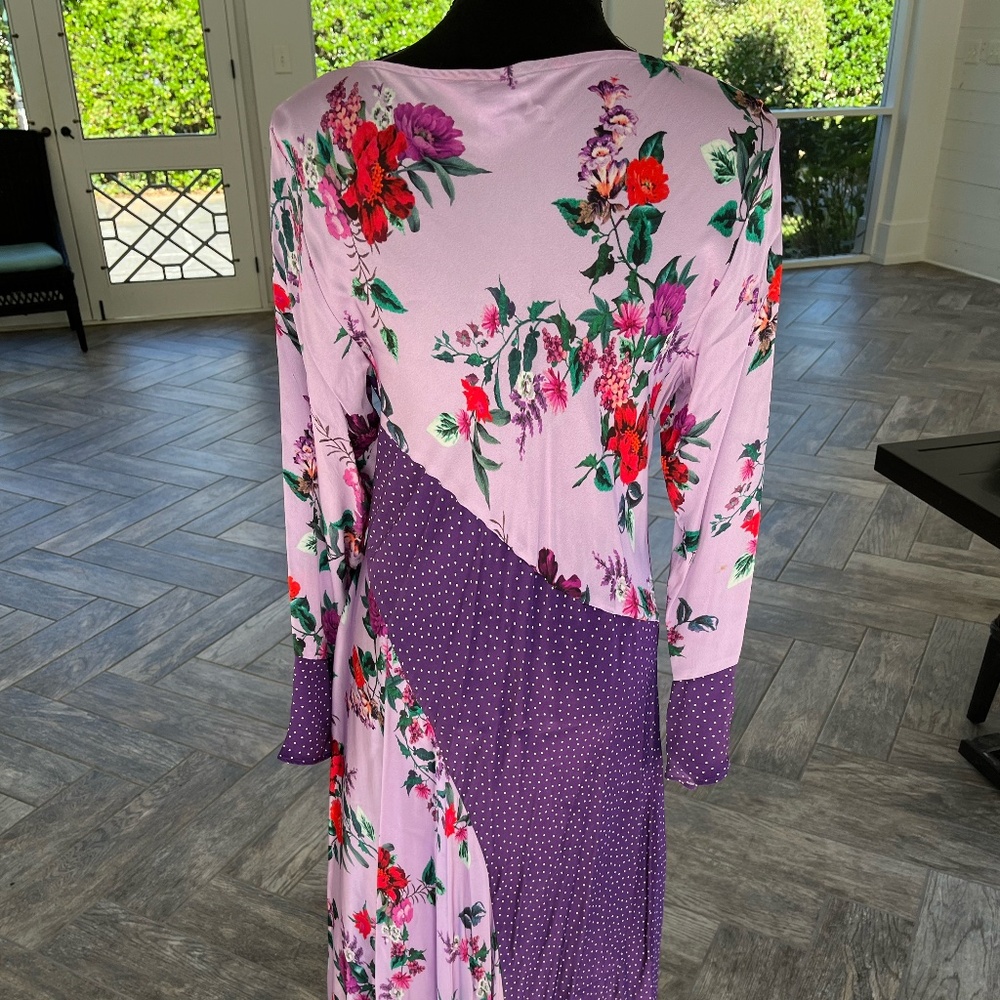 Ghost Carly Purple Floral Polka Dot Bell Sleeve Dip Hem Midi Dress, Size M - Picture 5 of 5